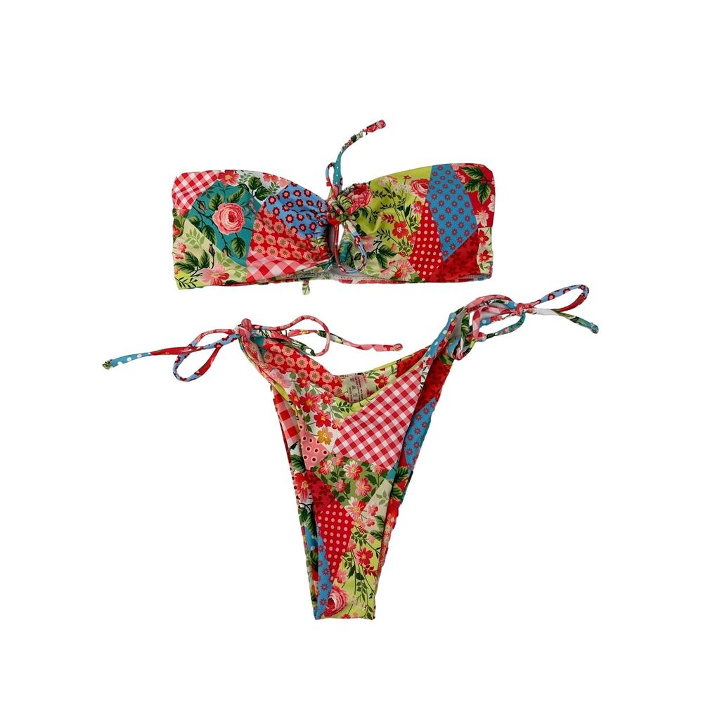 Unknown Brand - Bandeau Style Top and String Tie Bikini Set in Green Red & Blue